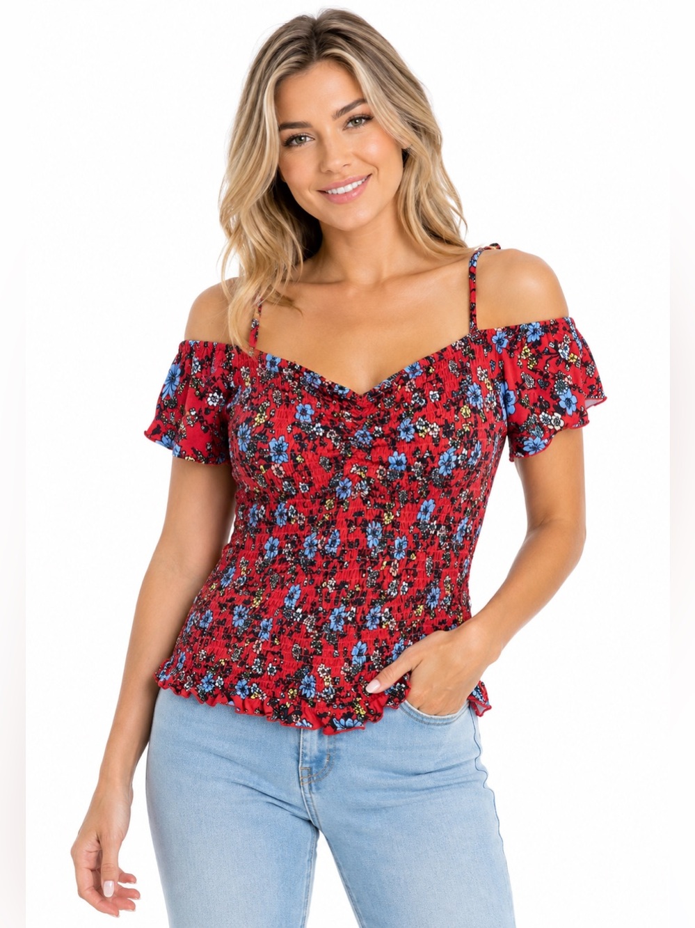 Almost Famous Juniors Red Floral Smocked Off Shoulder Top Adjustable Strap Boho